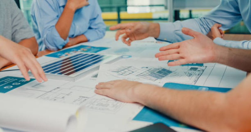 close up of group around a table covered in building plans